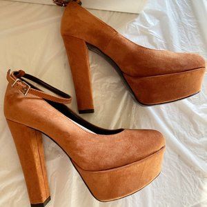 Alberto Moretti burnt orange sling back ankle buckle smooth suede platform heels